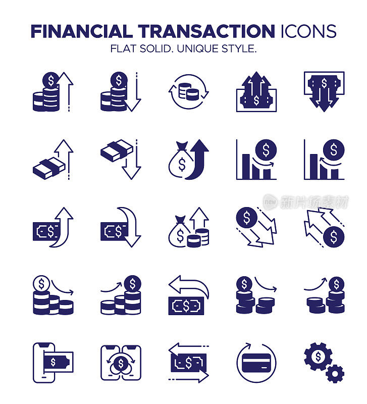 金融交易图标集坚实的风格-支付符号，汇款图形，货币兑换标志，网上银行符号