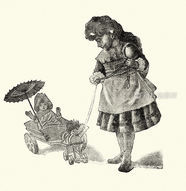 小女孩在玩她的玩具,娃娃,维多利亚儿童读物插图,19世纪