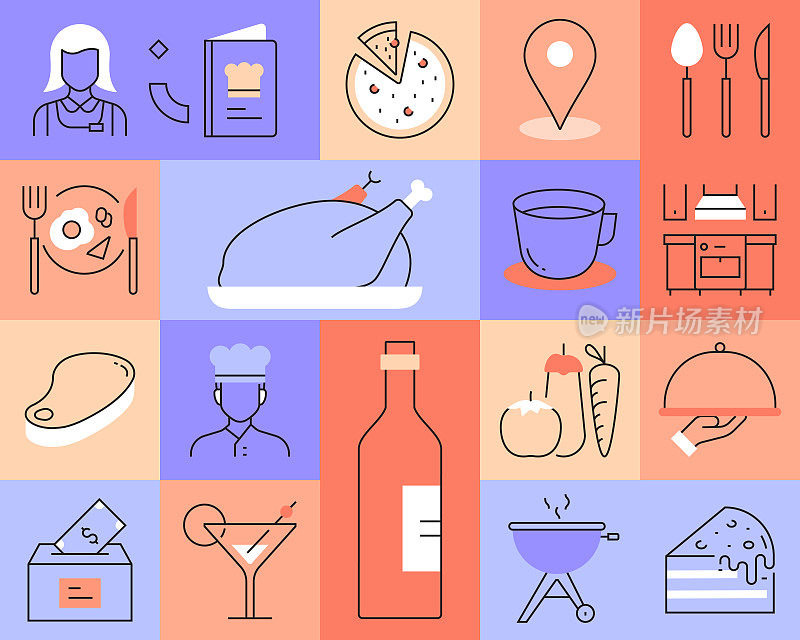 餐厅相关的矢量线图标。轮廓符号集合