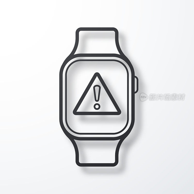 带有危险警告注意的智能手表。线图标与阴影在白色背景