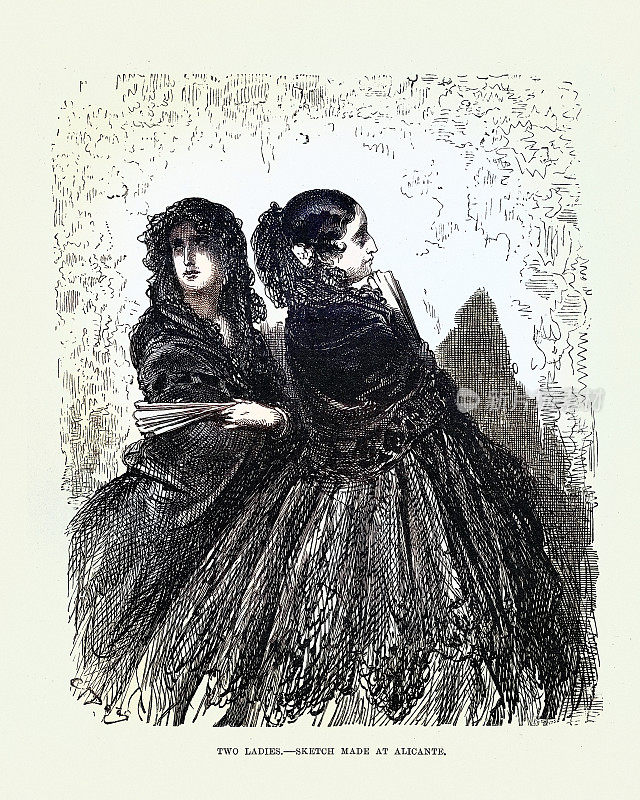 阿利坎特的两位女士，身着西班牙传统服装的两位女士，西班牙，古斯塔夫・多雷，19世纪