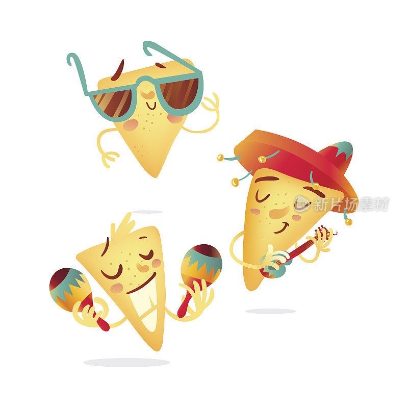三个快乐的墨西哥玉米片角色演奏墨西哥乐器