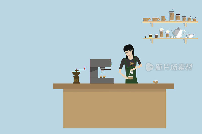插图的咖啡师女孩在围裙准备咖啡
