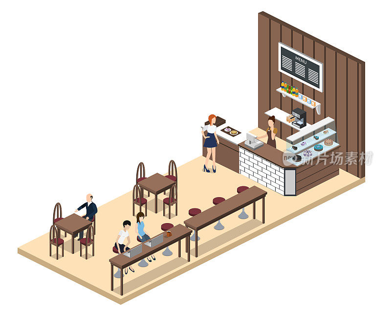 咖啡厅室内三维矢量插画设计，咖啡厅里有服务生和蛋糕
