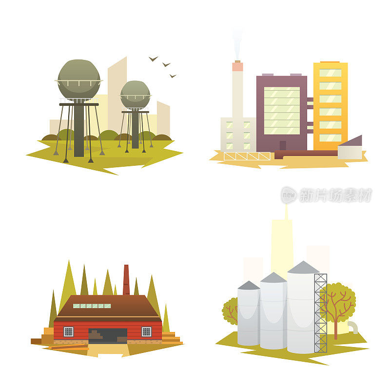 不同的工业厂房和工厂。工业城市建设集矢量插图