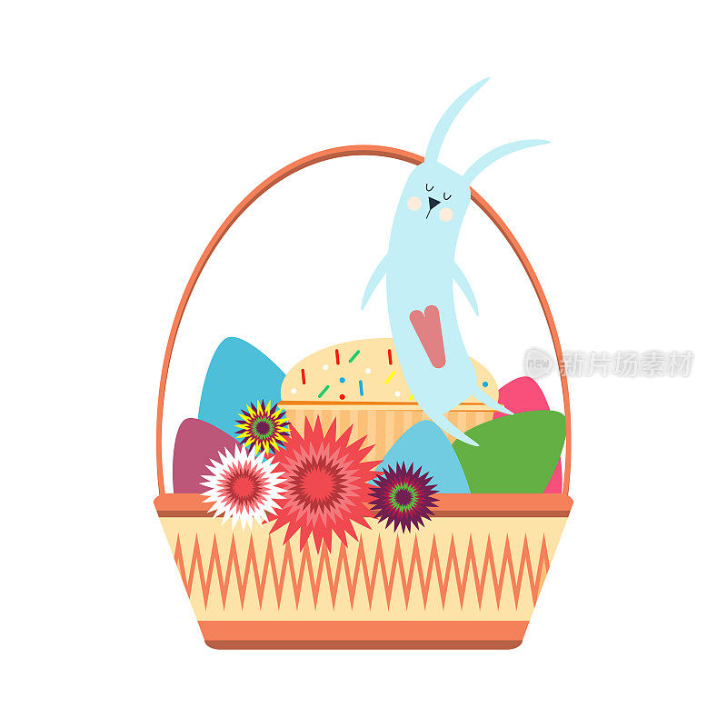 柳条篮子里装着复活节兔子，还有彩蛋和蛋糕。平的卡通插图。向量