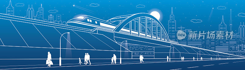 火车在铁路桥、高速公路上行驶。人们行走。城市基础设施形象，现代城市背景，工业建筑，高楼大厦，飞机飞行。矢量设计艺术