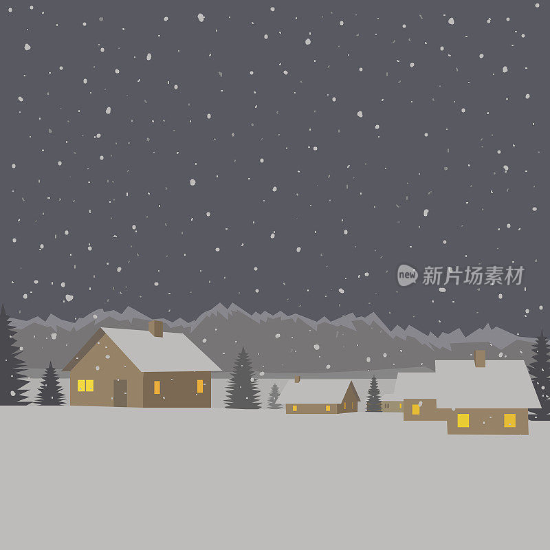 冬季山村背景，矢量插图