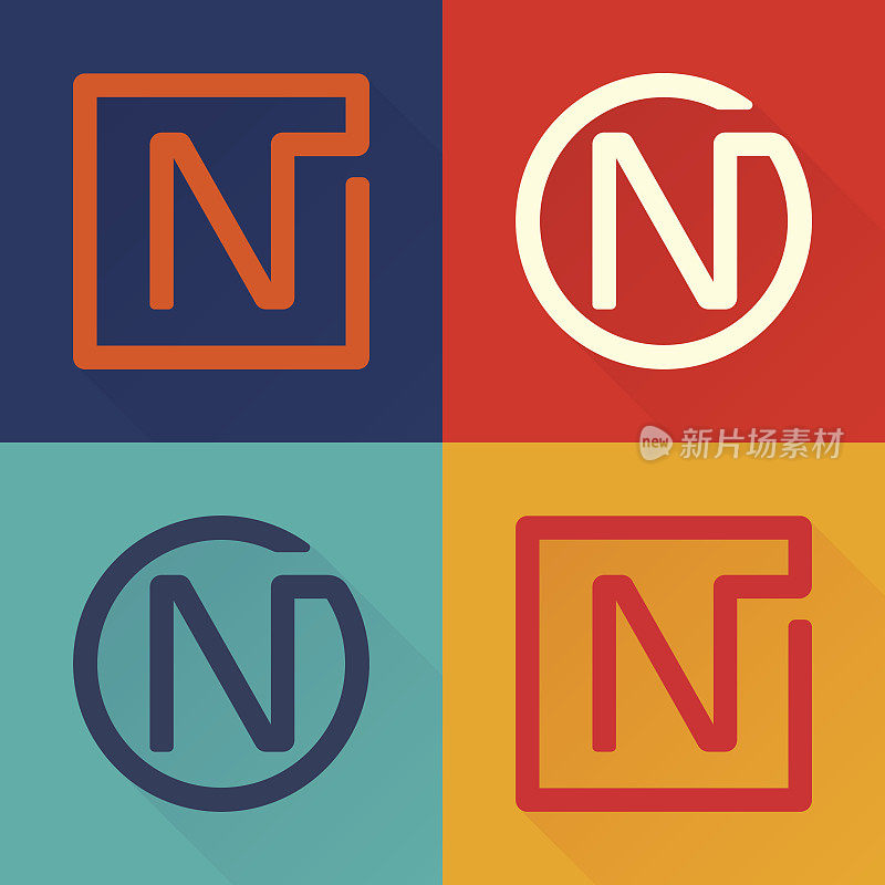 N字母扁图标在圆形和方形。