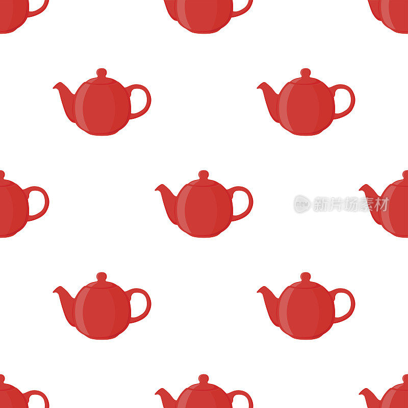 矢量插图的红色茶壶，无缝模式。卡通平的风格