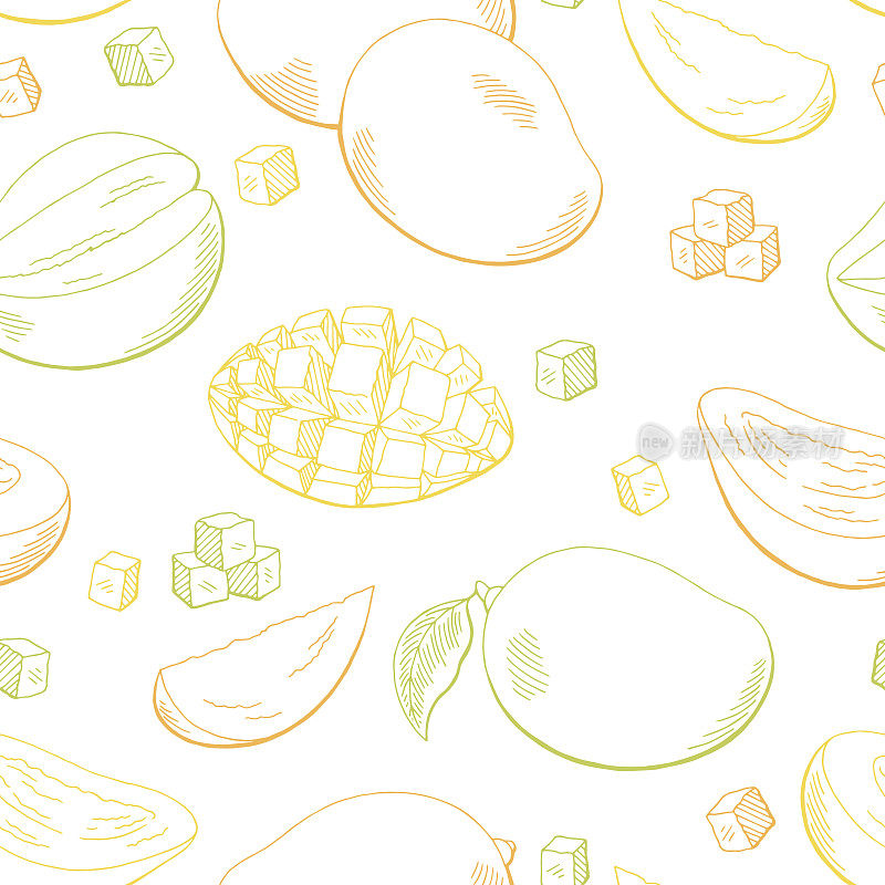 芒果水果图形颜色无缝图案素描插图矢量