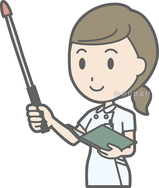 插图是一个穿着白色套装的护士微笑着拿着指导棒