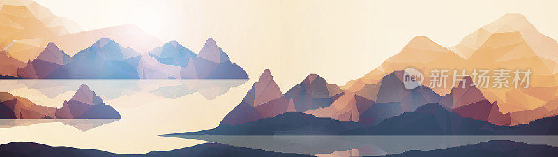 几何海岸山脉和日落背景全景-矢量插图