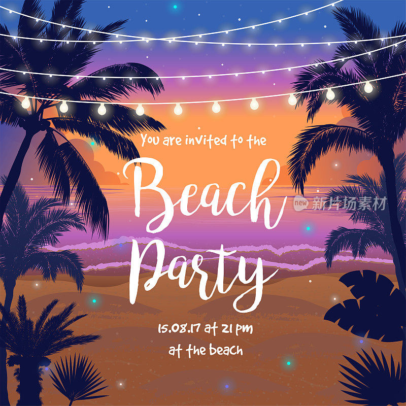 海滩派对矢量插图在海滩上美丽的日落场景，棕榈树，树叶和悬挂的派对灯