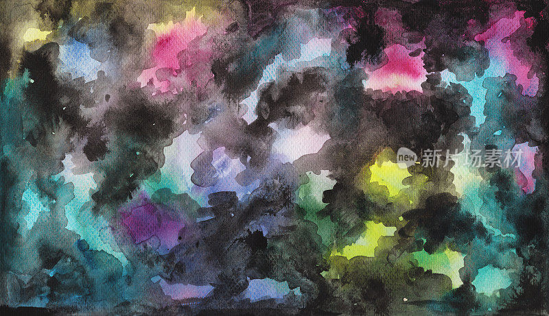 抽象水彩和水墨手绘背景。平滑的颜色梯度与黑色墨水云。