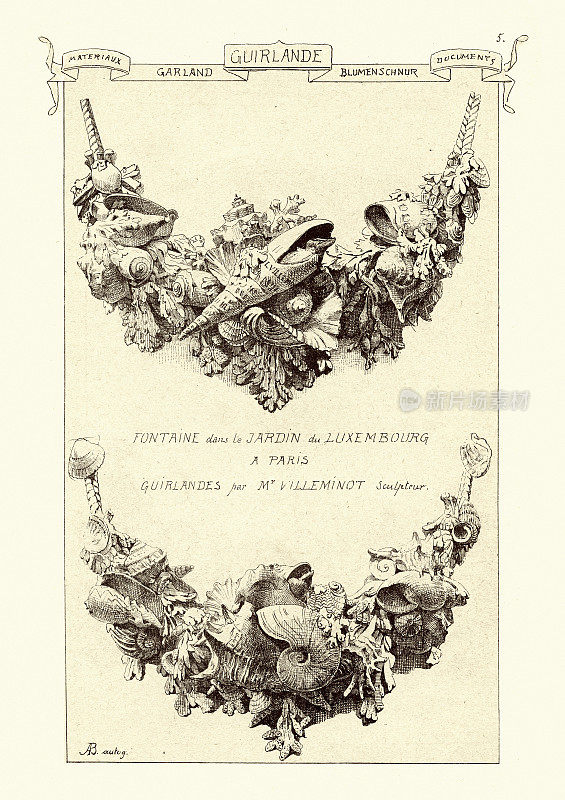建筑细节，花饰，贝壳花环，19世纪