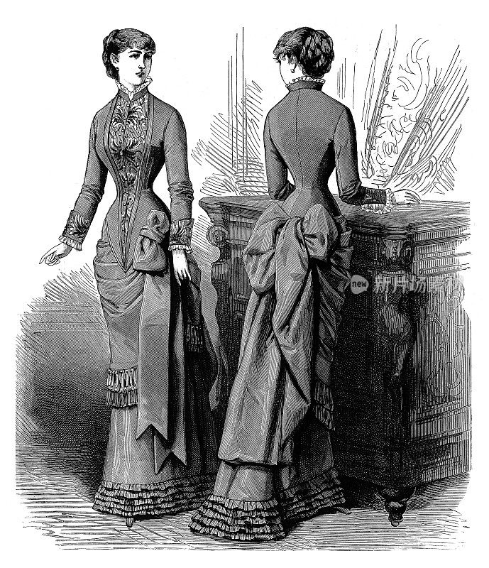 维多利亚时代的时尚女性，套装金棕色缎子