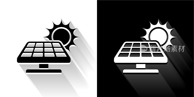 太阳能电池板黑色和白色图标与长影子