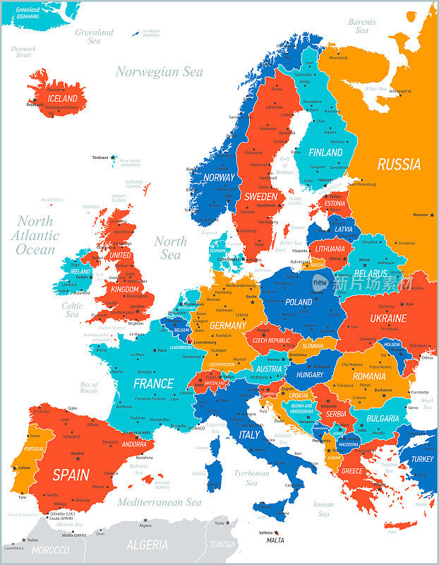 欧洲的地图。矢量插图与法国，意大利，波兰和德国