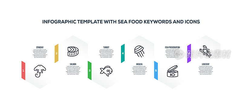 信息图表设计模板与海产品的关键字和图标