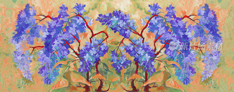 时尚的插画寓言春天现代绘画原始油画印象派春天横向景观开花的丁香灌木紫色阴影的背景上的树木和灌木丛在耀眼的阳光