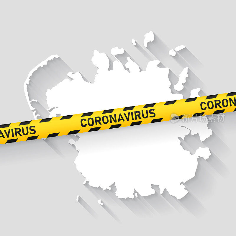 密克罗尼西亚地图与冠状病毒警告胶带。Covid-19爆发