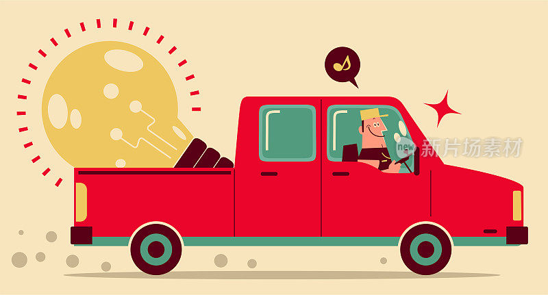 一个戴着帽子的壮汉开着一辆红色小卡车，送来一个巨大的创意灯泡