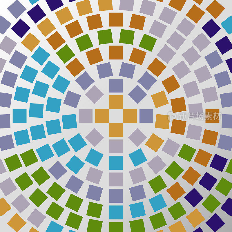 沿圆切线均匀间隔的彩色正方形点。五种颜色的调色板。
