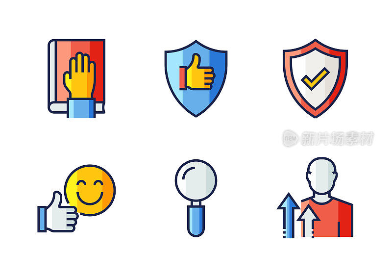 核心价值相关的平面线图标，轮廓向量符号插图。