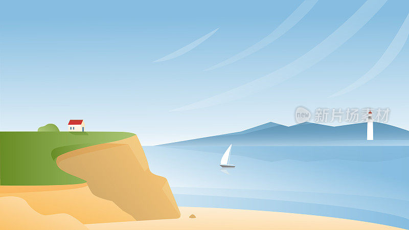 岩石海岸矢量插图，卡通平面全景海景与宁静的自然海滩和小房子在岩石上，帆船船，灯塔在地平线上