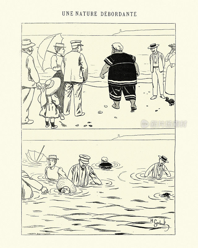 经典的法国卡通，超重的女人要去海里游泳