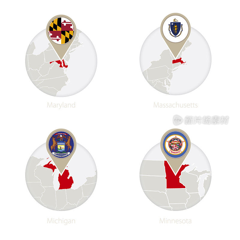 美国马里兰州，马萨诸塞州，密歇根州，明尼苏达州的地图和旗帜在圆圈。