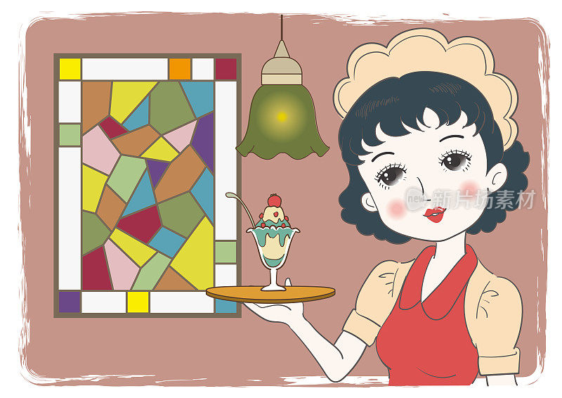 女服务员在一个复古的咖啡馆里拿着一个冻糕-彩色玻璃窗的背景