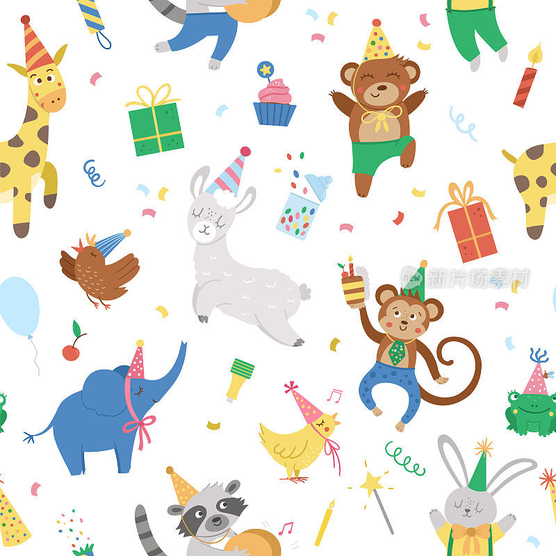 矢量无缝模式与欢快的动物在派对帽子。生日聚会庆祝重复的背景。矢量假日数字纸与明亮的礼物，蛋糕与蜡烛，气球。