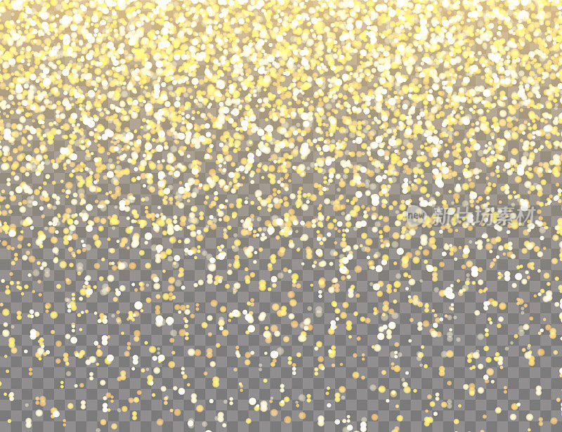 闪闪发光的金色与散景灯透明矢量背景。闪亮的五彩纸屑与黄金碎片。圣诞或新年贺卡的灯光效果