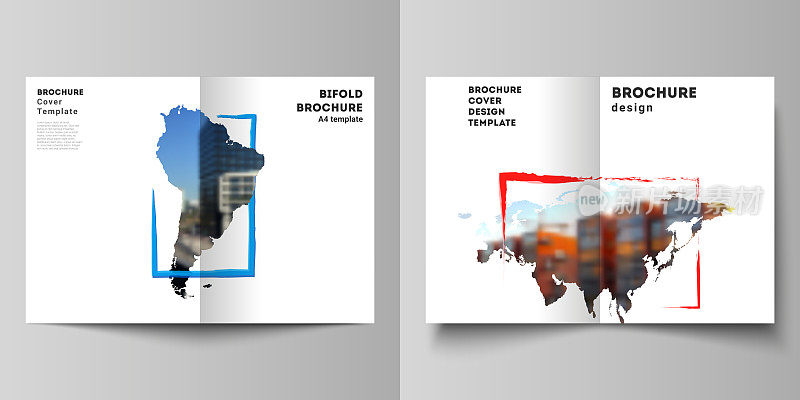 矢量布局的两个A4封面模型模板的双折宣传册，传单，封面设计，书籍设计，宣传册封面。以世界地图和彩色框架的形式设计模板，插入您的照片。