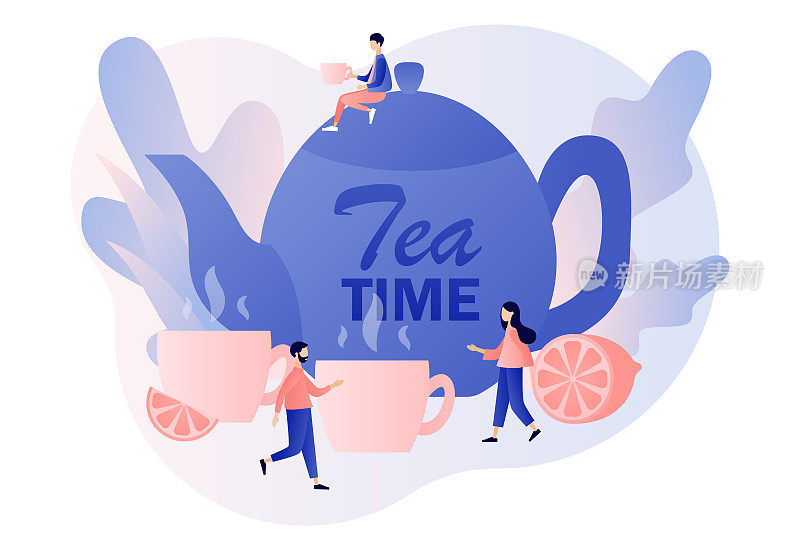 下午茶时间的概念。热饮料。小矮人在喝茶。大水壶，杯子，柠檬片和方糖。现代平面卡通风格。矢量插图上的白色背景