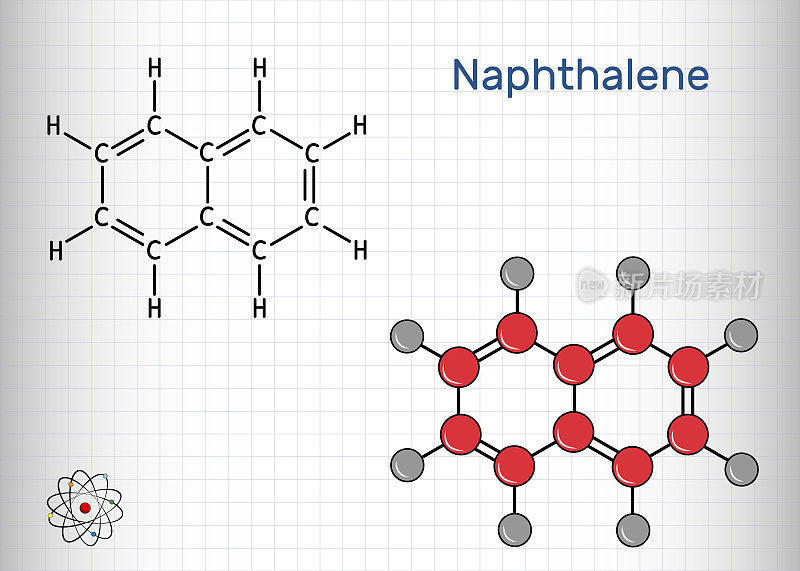 萘分子。它是由两个熔合的苯环组成的芳香烃。骨骼的化学公式