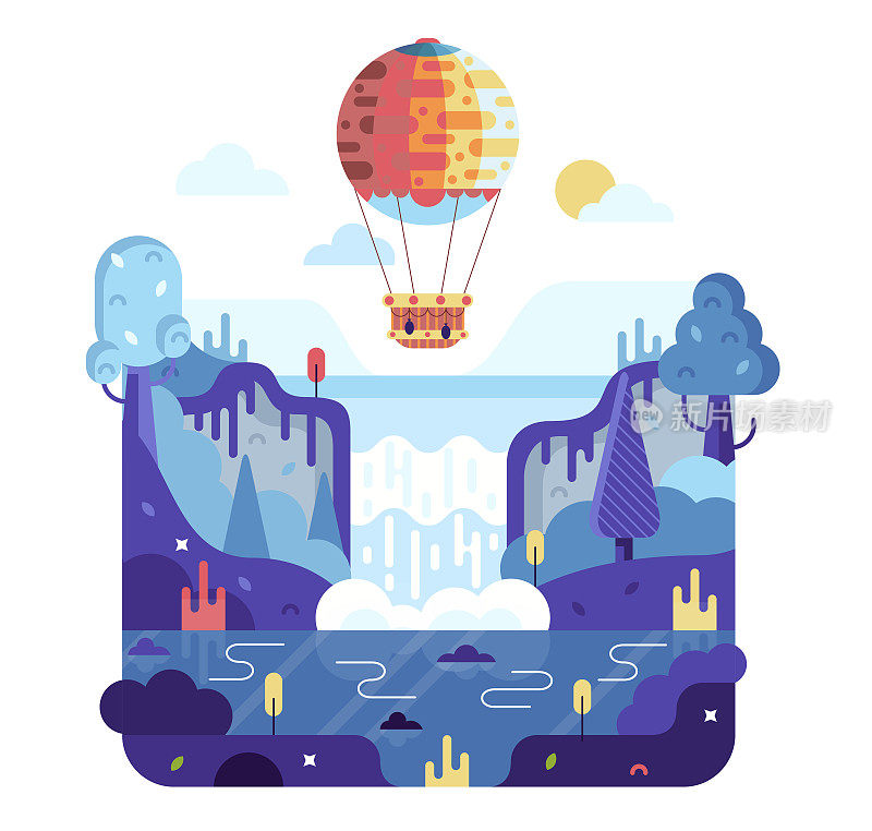 热气球飞过瀑布、森林和湖泊。矢量卡通平面插图。