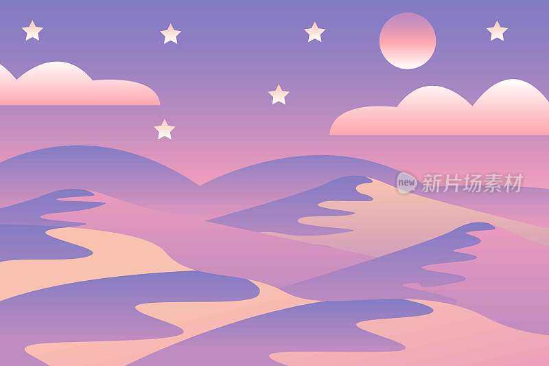 景观与波。蓝色的夜空。月亮和星星。黄、粉、紫、紫山剪影。沙漠沙丘。自然与生态。水平的旗帜。社交媒体，明信片，海报