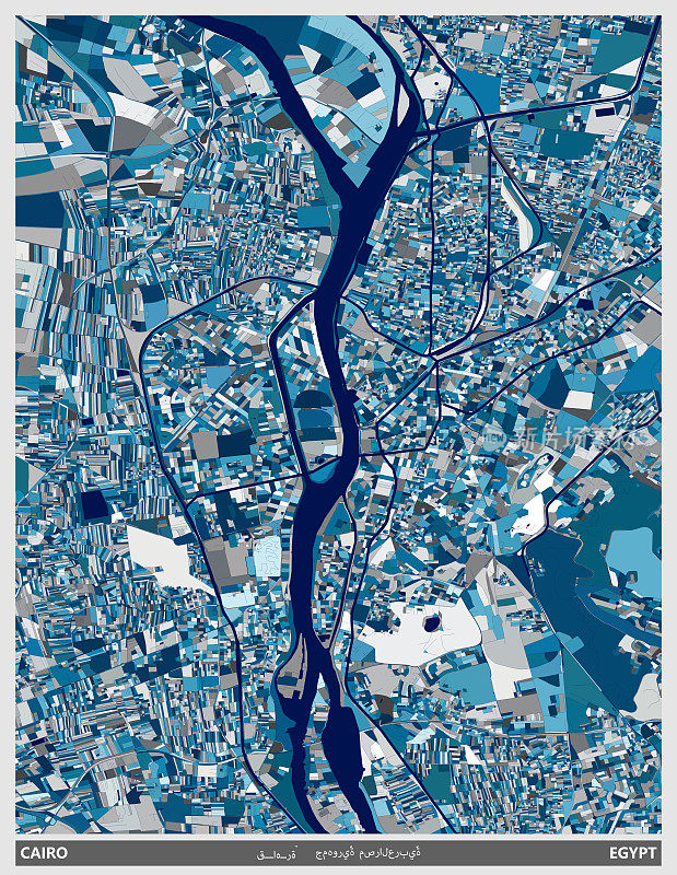 蓝色艺术插画风格地图，埃及开罗城