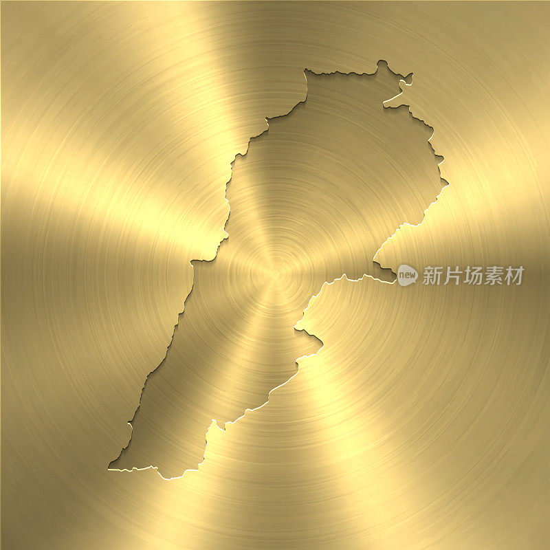 黎巴嫩地图上的金色背景-圆形拉丝金属纹理