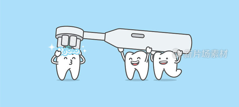 牙齿卡通的白色牙齿已经被清洁的友好牙齿朋友插图卡通人物矢量设计在蓝色的背景。牙科保健的概念。