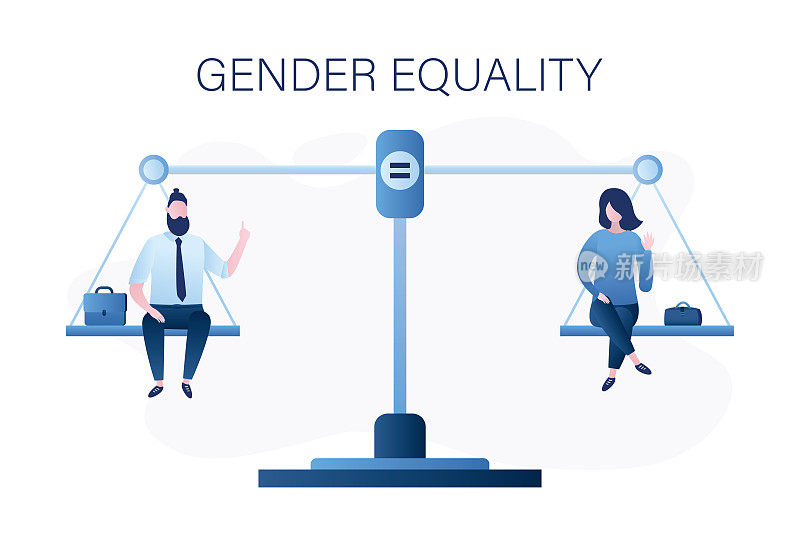 性别平等，概念旗帜。商人和女商人坐在天平上。男女在工作和商业中的平等权利。
