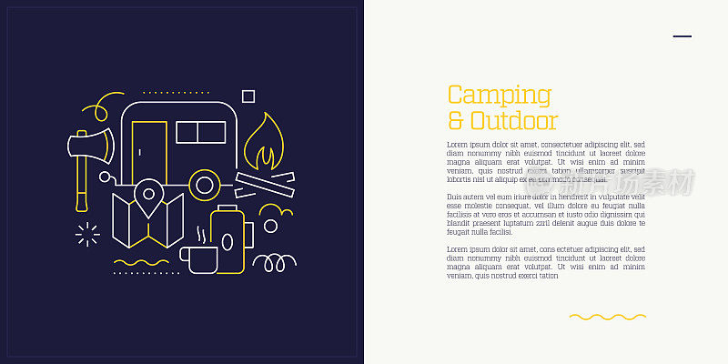 向量集插图野营和户外娱乐的概念。线条艺术风格的网页，横幅，海报，印刷等背景设计。矢量插图。
