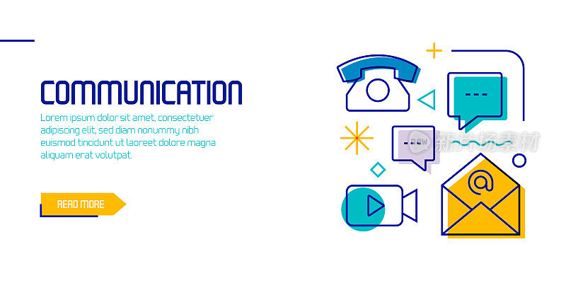 沟通相关的设计元素。带有轮廓图标的图案设计。色彩斑斓的矢量图