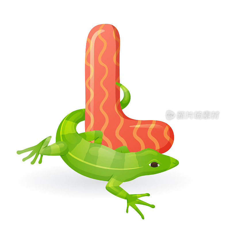矢量孤立的英文字母L卡通插图与绿色爬行蜥蜴的图片