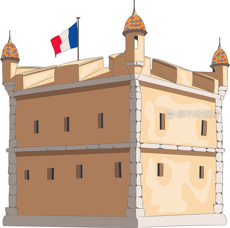 古老的石制堡垒，上面挂着法国国旗。