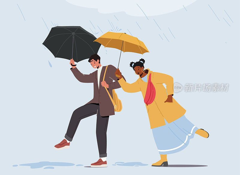 喜气洋洋的一对男女撑着伞在雨天里散步。人们跳过水坑，人物在雨