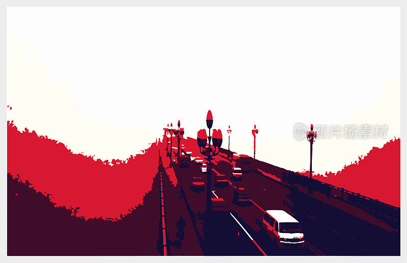 南京长江大桥木刻艺术插画，南京，江苏省，中国